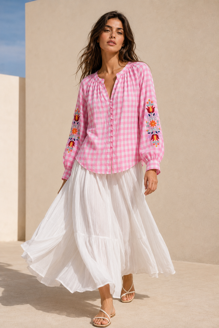 Hailey Embroidered Gingham Blouse