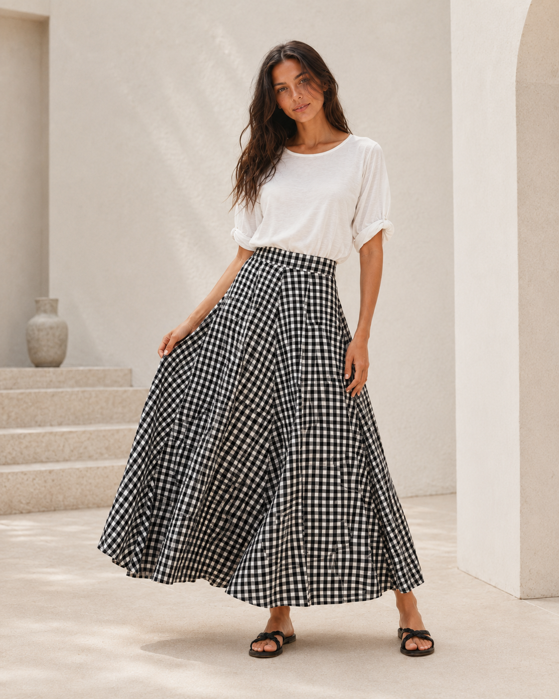 Tina Black Gingham Maxi Skirt