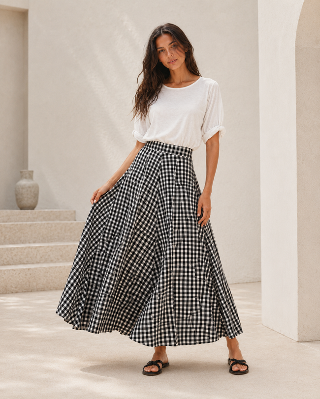 Tina Black Gingham Maxi Skirt