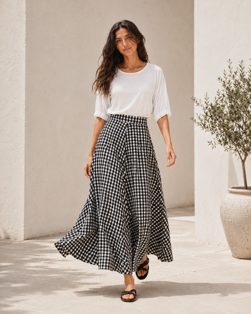 Tina Black Gingham Maxi Skirt