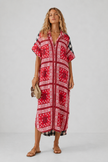 Adri Red Mixed-Print Oversized Shirt Midi Dress