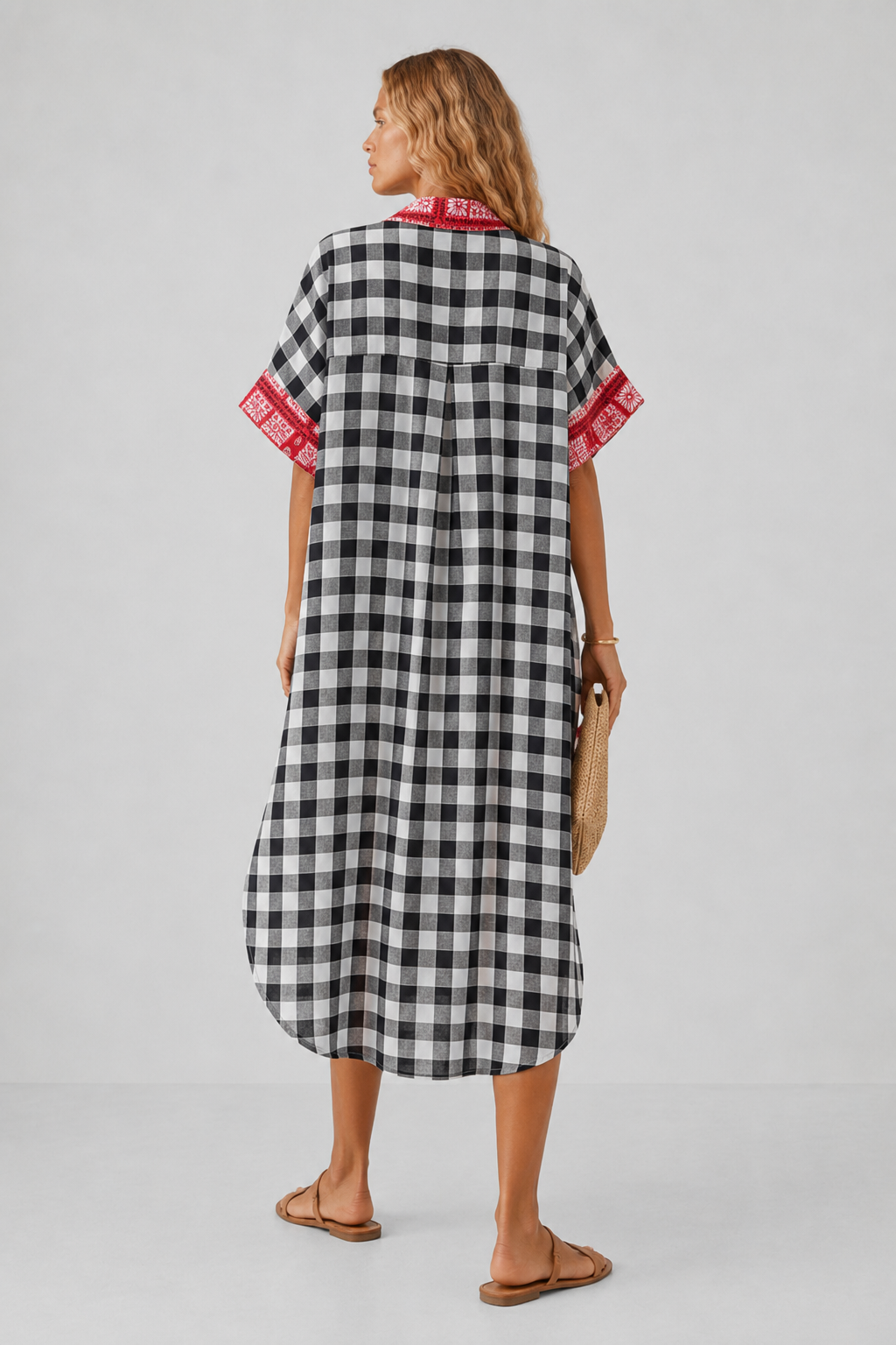 Adri Red Mixed-Print Oversized Shirt Midi Dress