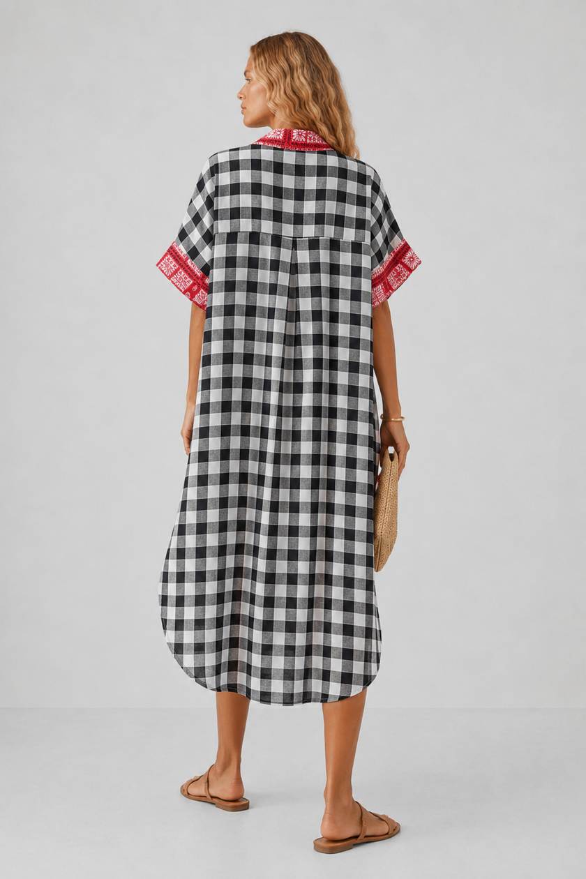 Adri Red Mixed-Print Oversized Shirt Midi Dress