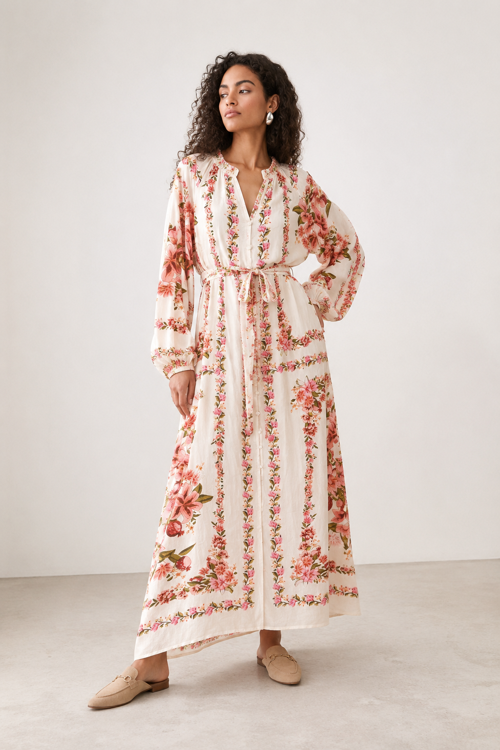 Sarit Ivory Floral Tie-Waist Maxi Dress