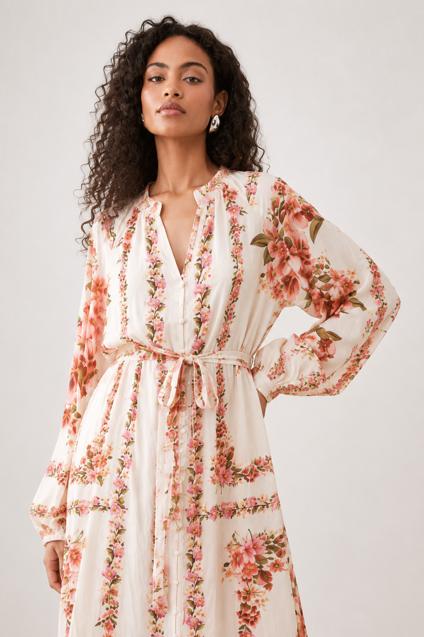 Sarit Ivory Floral Tie-Waist Maxi Dress