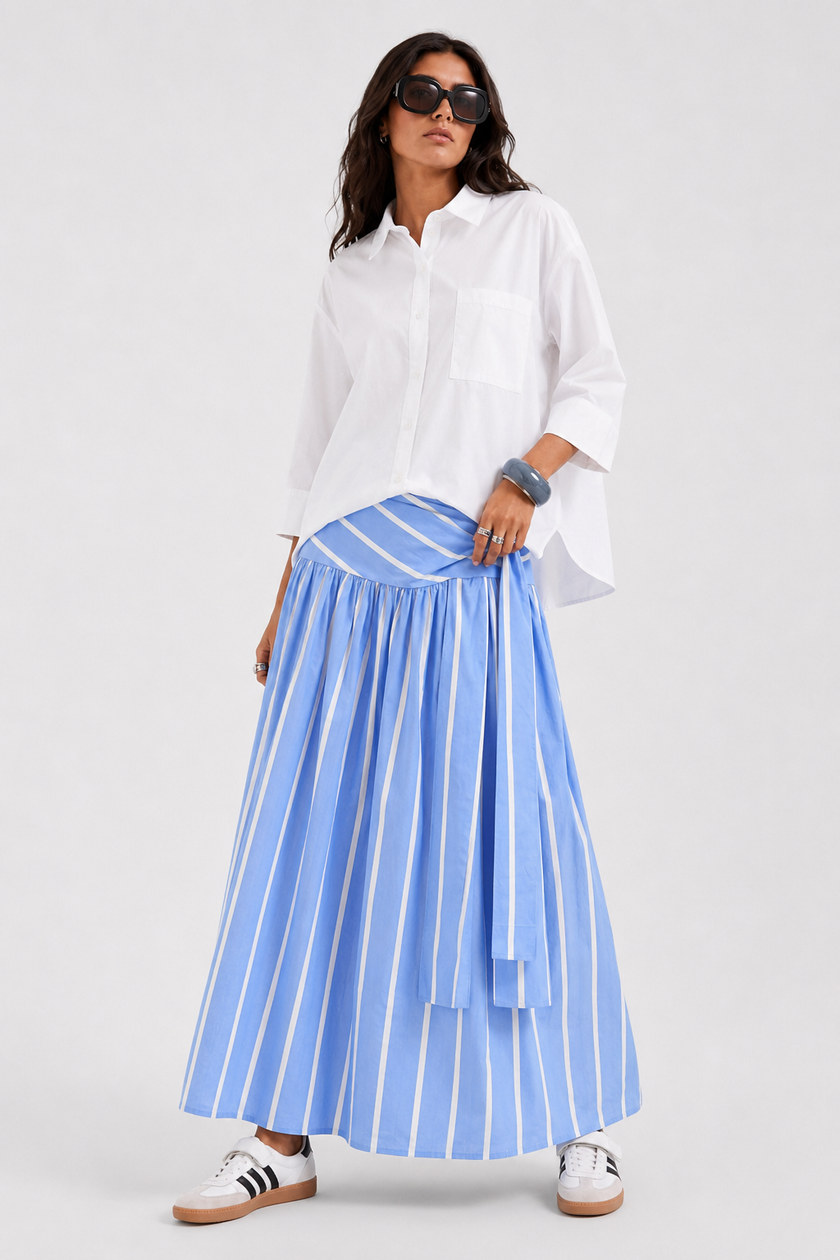 Blue Striped Wrap-Waist Maxi Skirt