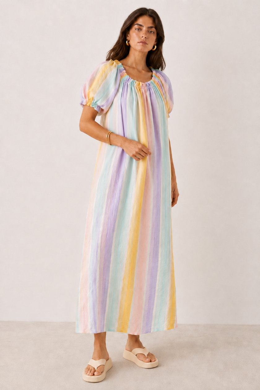 Gigi Pastel Striped Puff Sleeve Maxi Dress