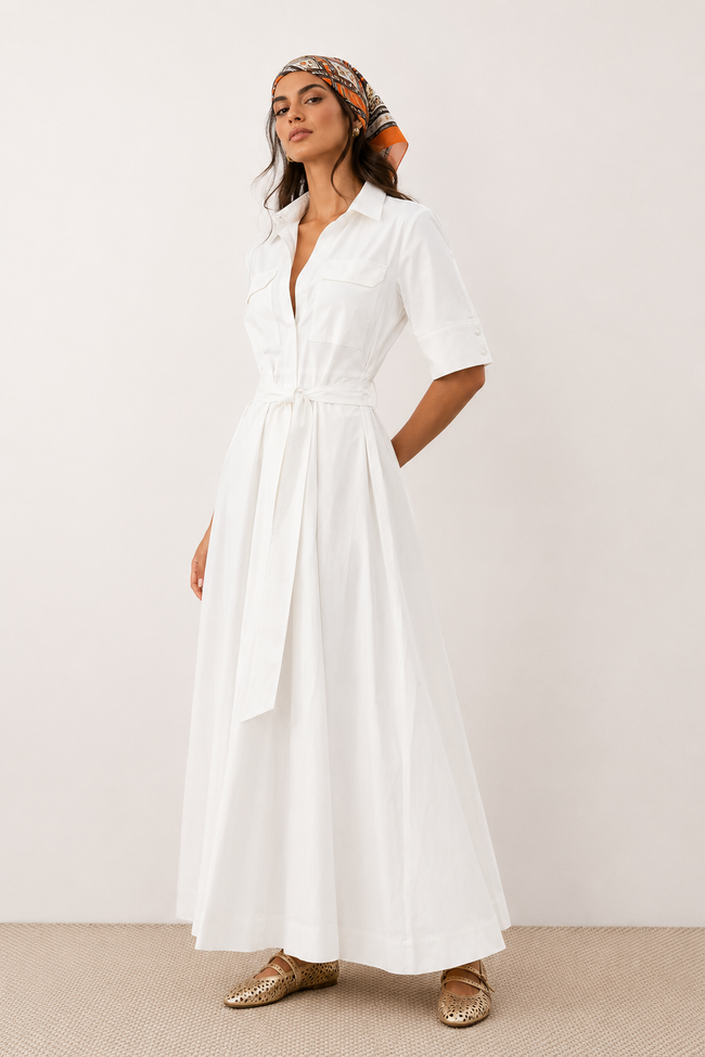 Pamela White Belted Maxi Shirt Dress