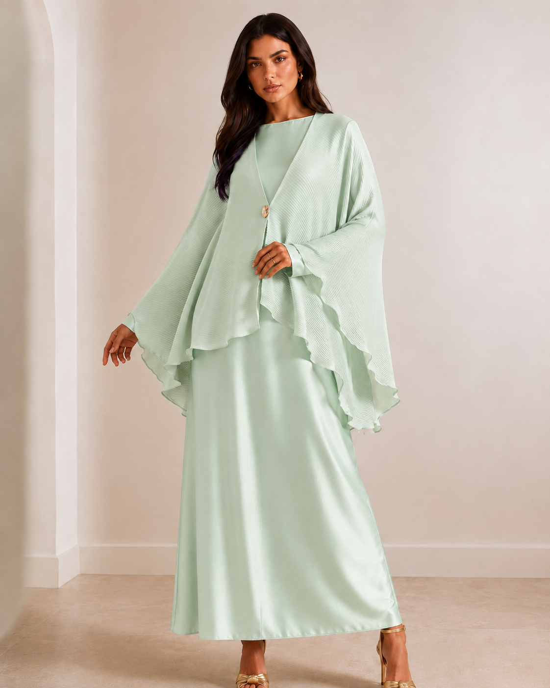 Yael Satin Dress & Pleated Cape Set