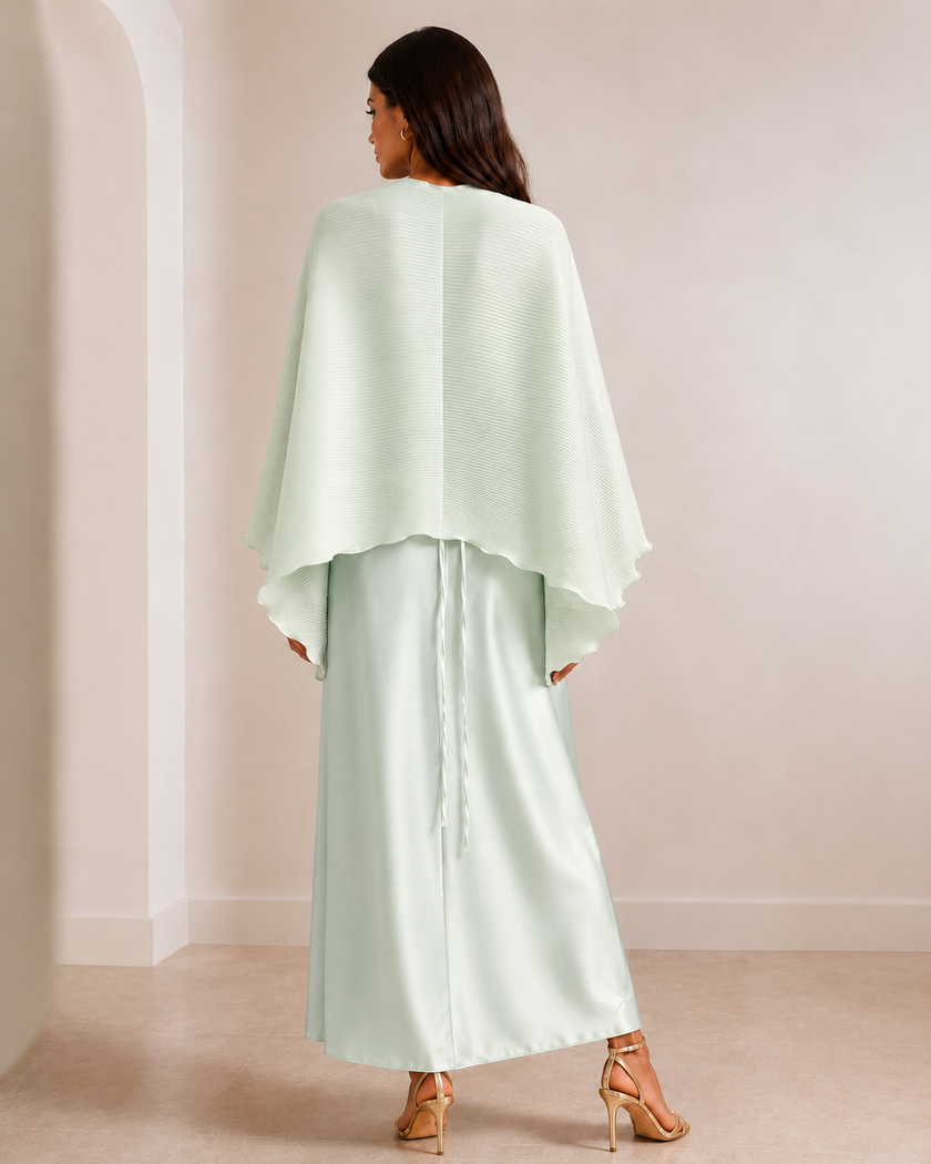 Yael Satin Dress & Pleated Cape Set