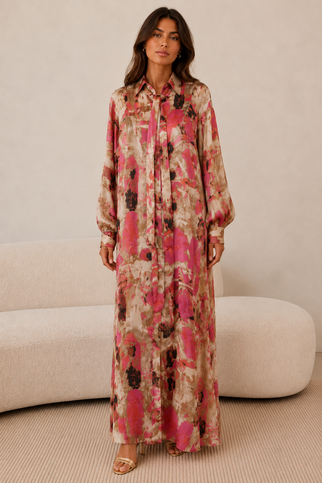 Miranda Abstract Print Dress with Lavalliere Neckline