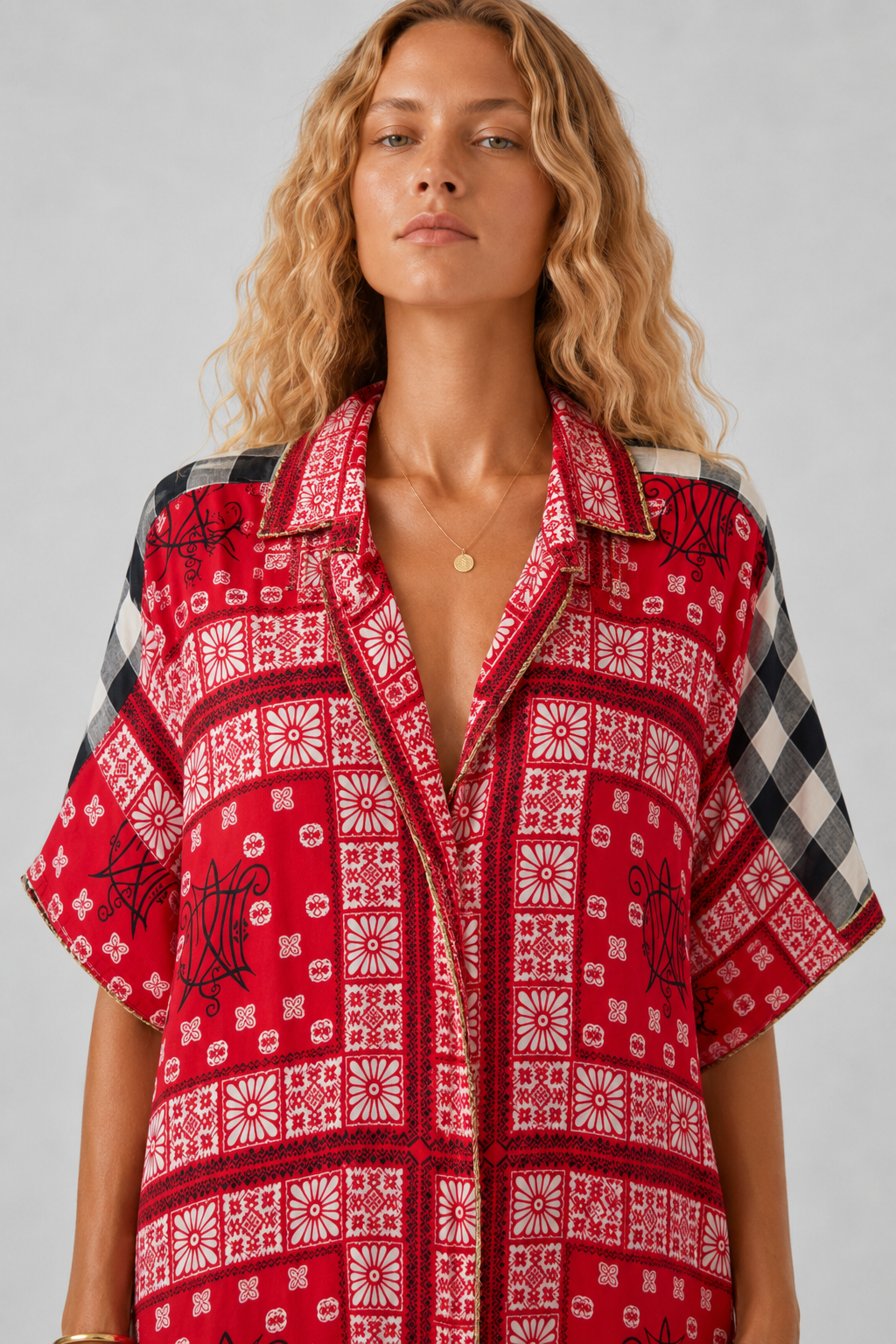 Adri Red Mixed-Print Oversized Shirt Midi Dress