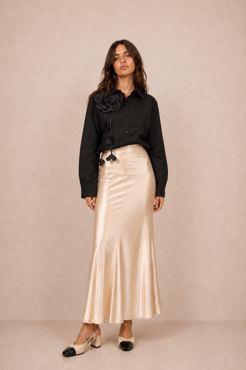 Donna Black Cotton Shirt with Fabric Flower Detail