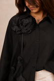 Donna Black Cotton Shirt with Fabric Flower Detail