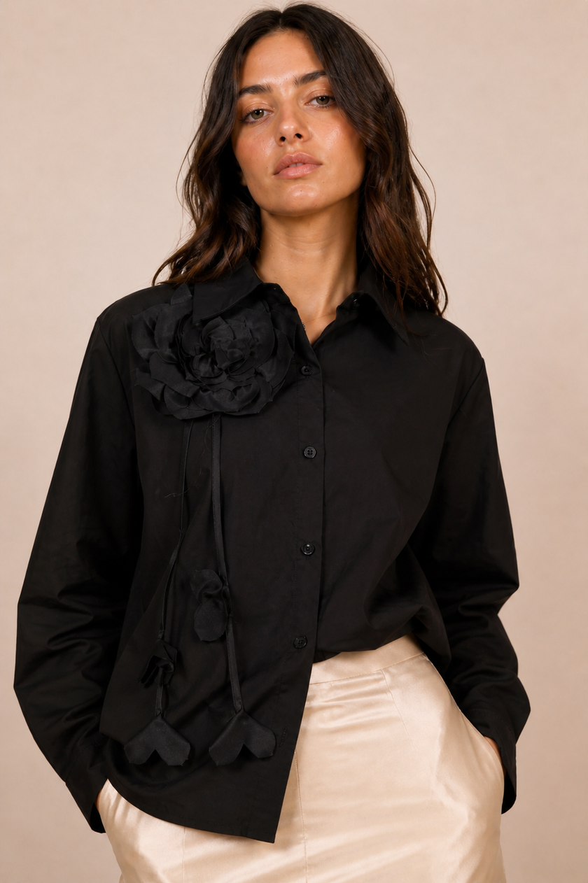 Donna Black Cotton Shirt with Fabric Flower Detail