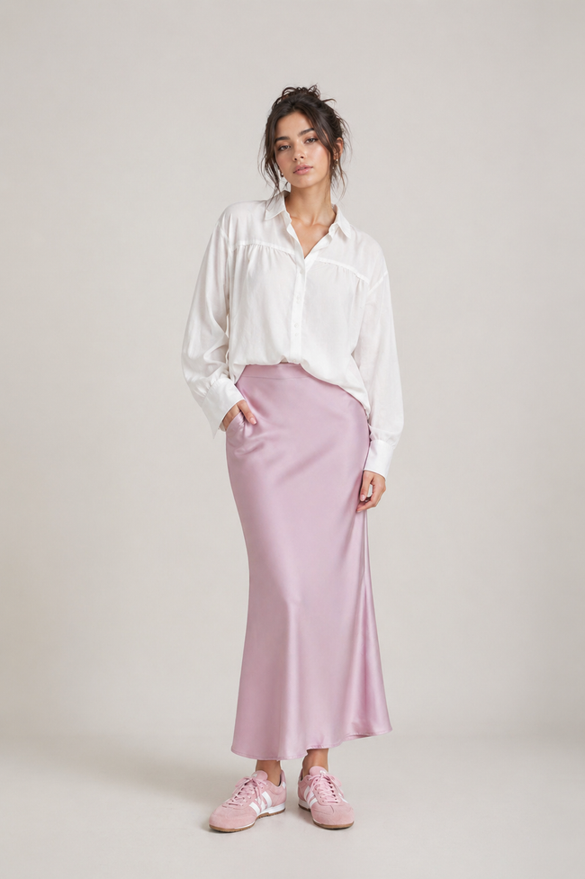 CHILIA SATIN-EFFECT MAXI SKIRT IN SOFT PINK