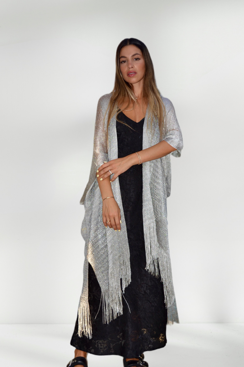 MILENA METALLIC SILVER KIMONO WITH FRINGE DETAILS