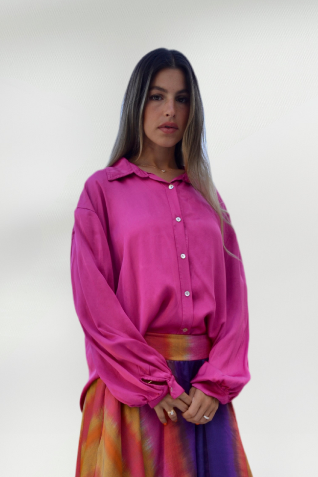 ELIANA FUCHSIA SATIN BUTTON-UP SHIRT