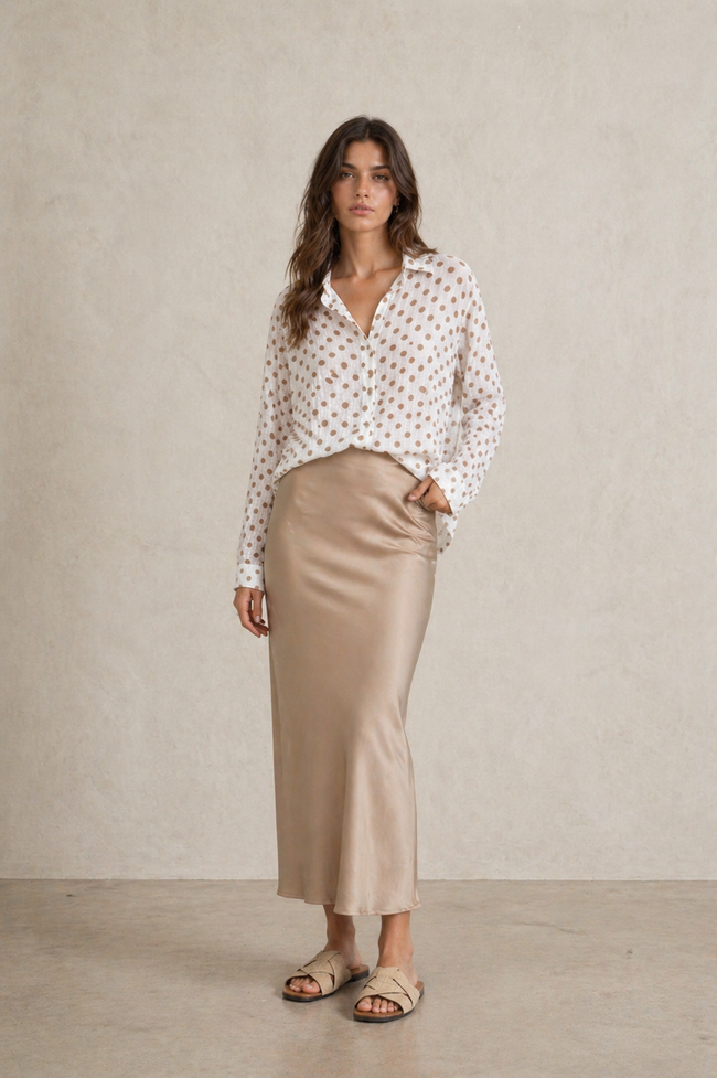 DOLLY SATIN-EFFECT BEIGE MAXI SKIRT