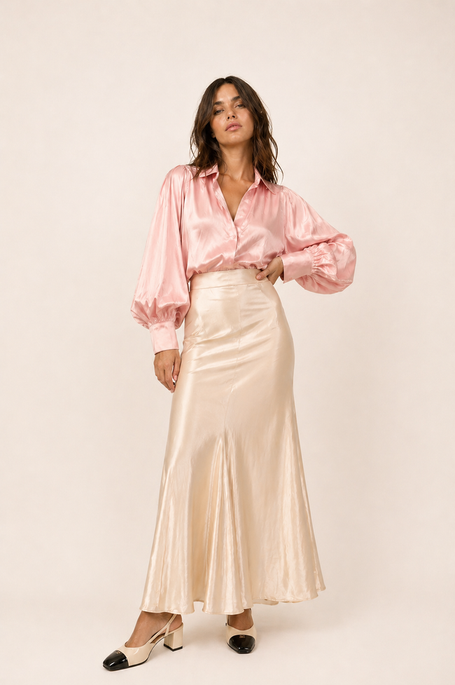 Brenda Satin Maxi Skirt – Champagne Beige