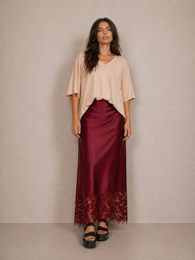 Kate Satin Skirt with Lace Hem