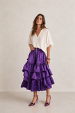 JAMY PURPLE RUFFLE-TIERED TAFFETA MIDI SKIRT