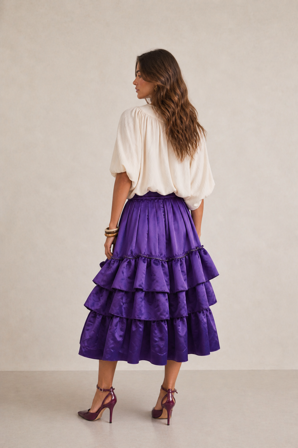 JAMY PURPLE RUFFLE-TIERED TAFFETA MIDI SKIRT