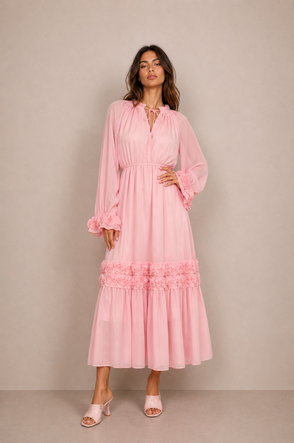 Vicky Long Floral Embellished Dress – Pink/White/Black