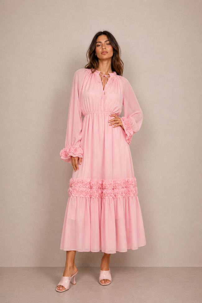 Vicky Long Floral Embellished Dress – Pink/White/Black