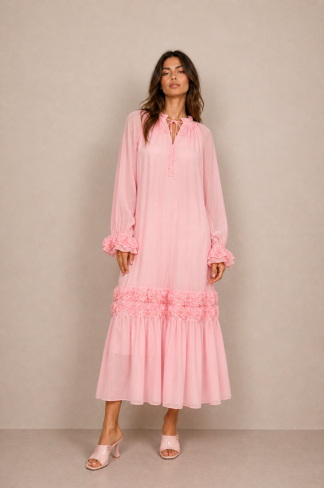 Vicky Long Floral Embellished Dress – Pink/White/Black