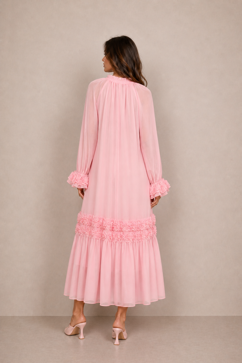 Vicky Long Floral Embellished Dress – Pink/White/Black