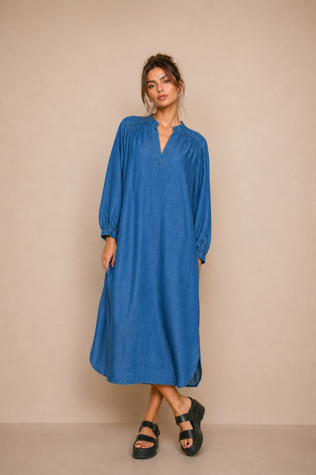 Romy Casual Blue Denim Dress with Side Slit