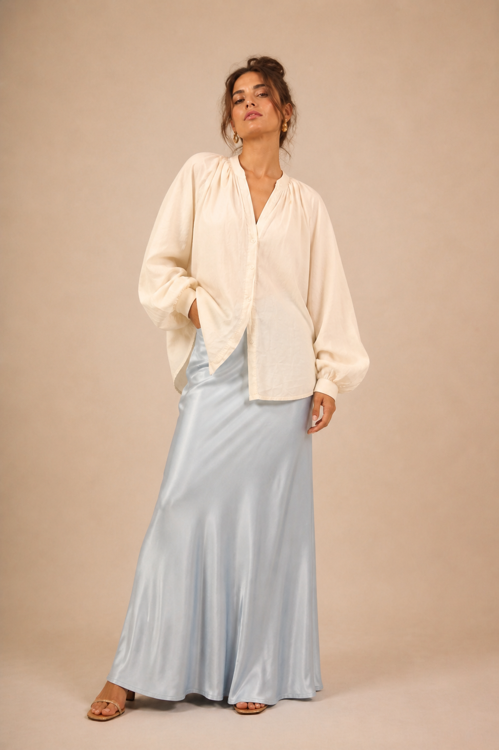 Elena Blouse – Soft Cream Modest Blouse with Voluminous Sleeves