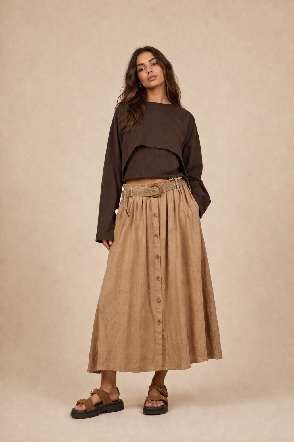 PAULINA LAYERED BROWN LONG SLEEVE TOP