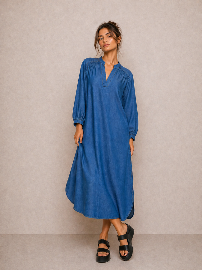 Romy Casual Blue Denim Dress with Side Slit