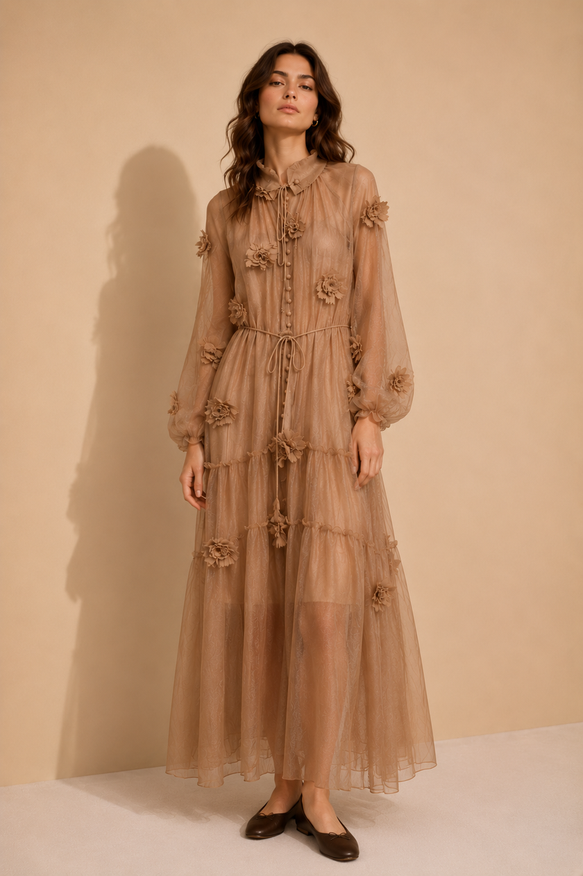 Thylane 3D Floral Chiffon Midi Dress