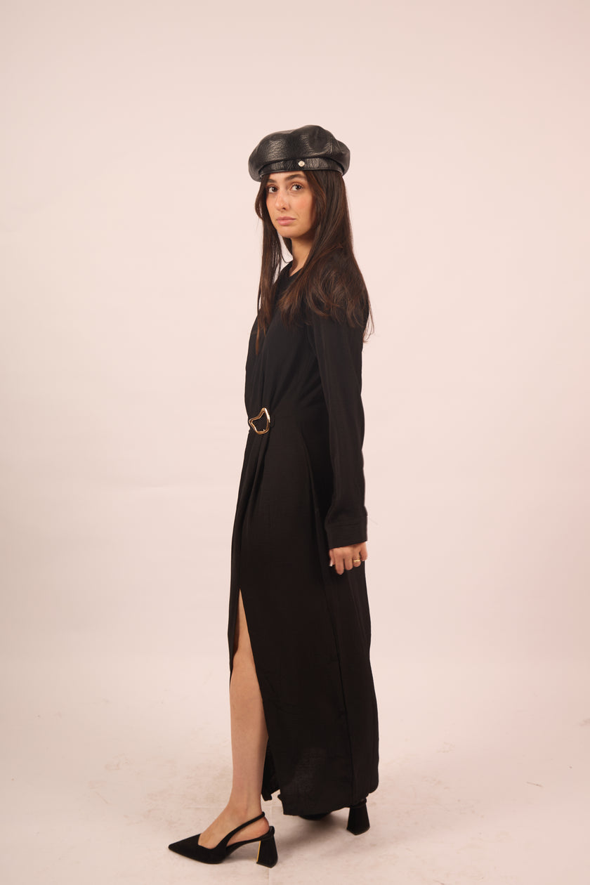 Jasmine Black Maxi Dress with Gold Buckle – Modern Elegance