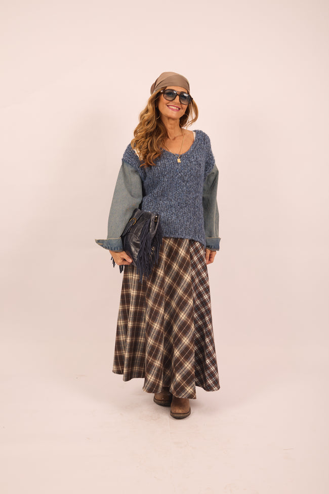 Zoe Textured Blue Knit with Denim-Effect Sleeves