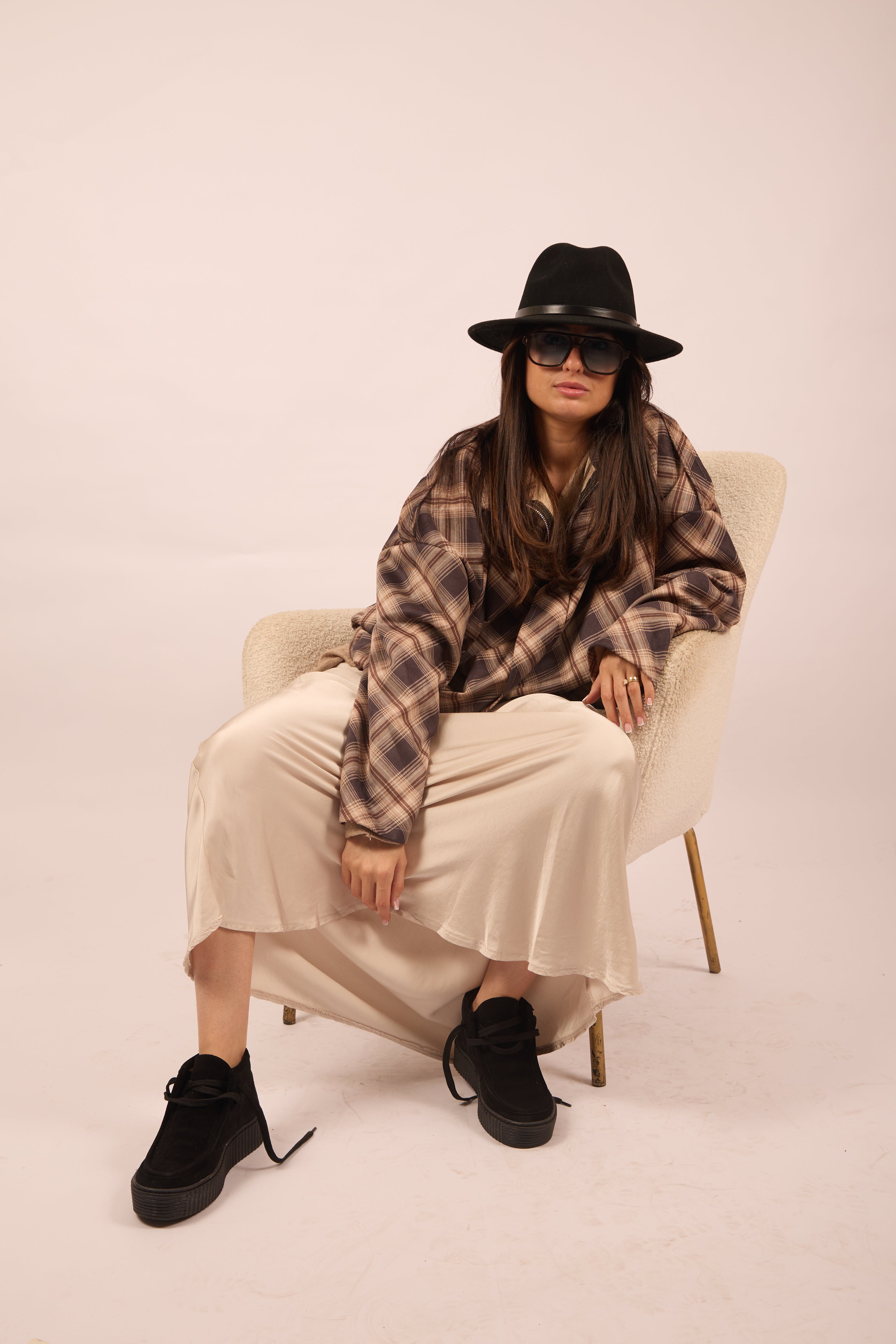 Miranda Oversized Plaid Jacket – Chocolate & Beige Tones