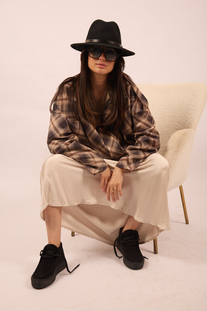 Miranda Oversized Plaid Jacket – Chocolate & Beige Tones