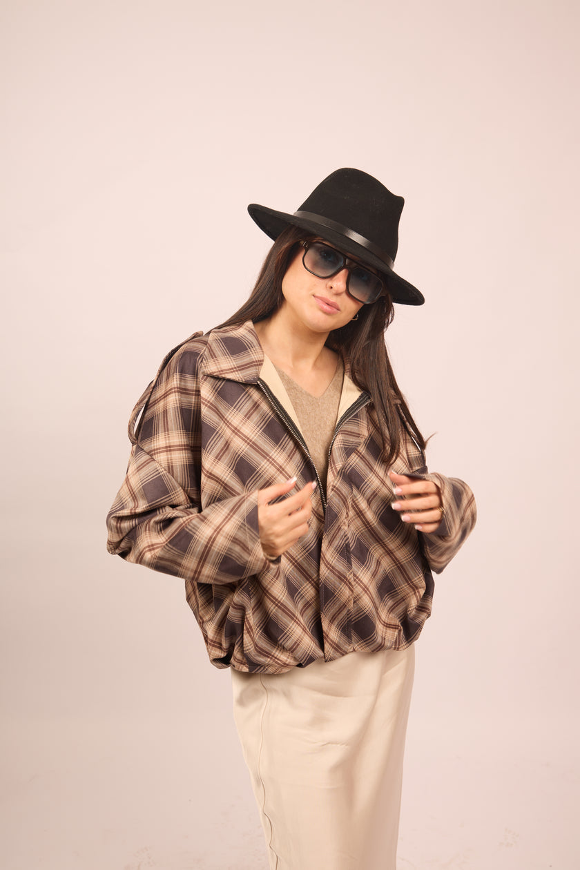 Miranda Oversized Plaid Jacket – Chocolate & Beige Tones