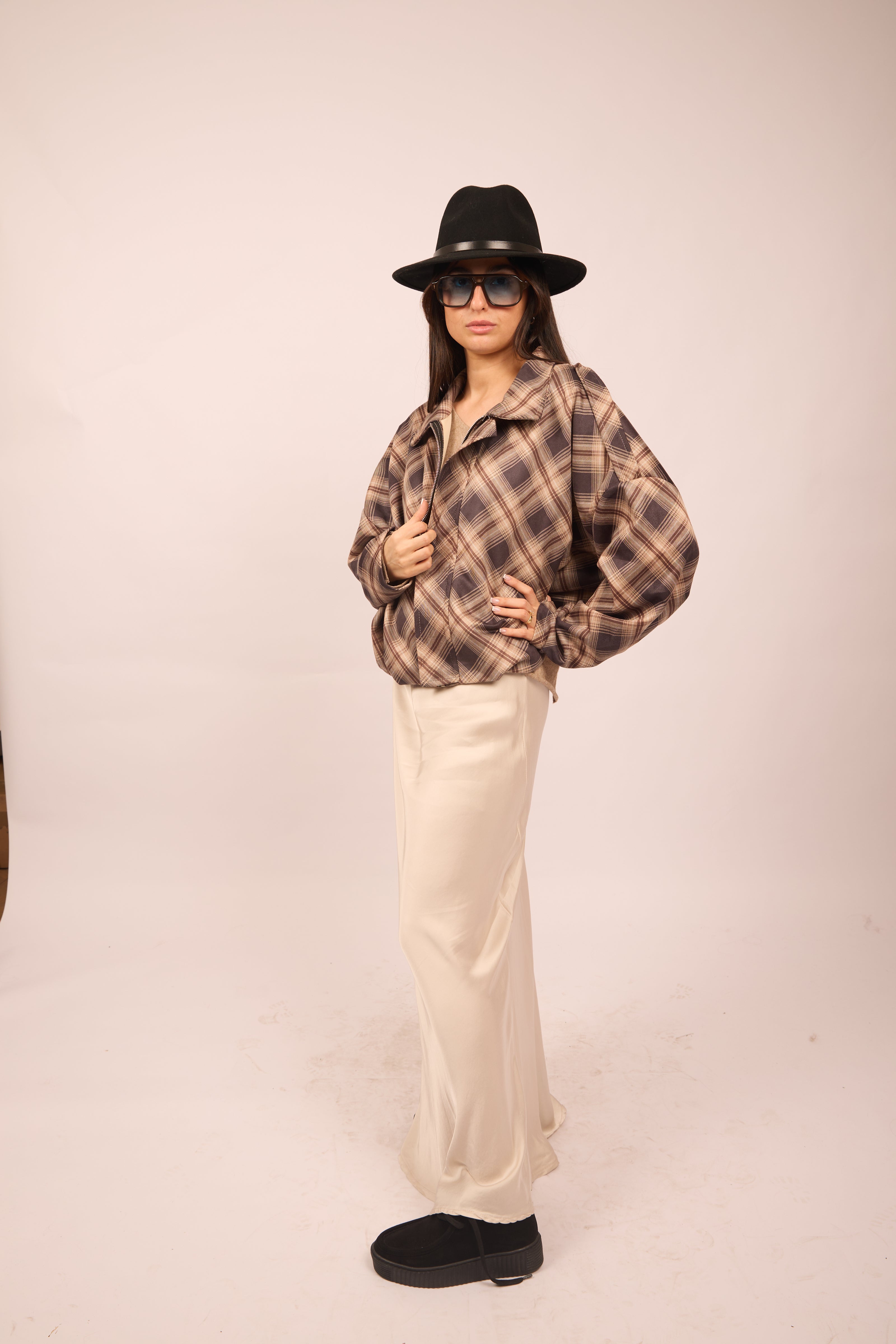 Miranda Oversized Plaid Jacket – Chocolate & Beige Tones