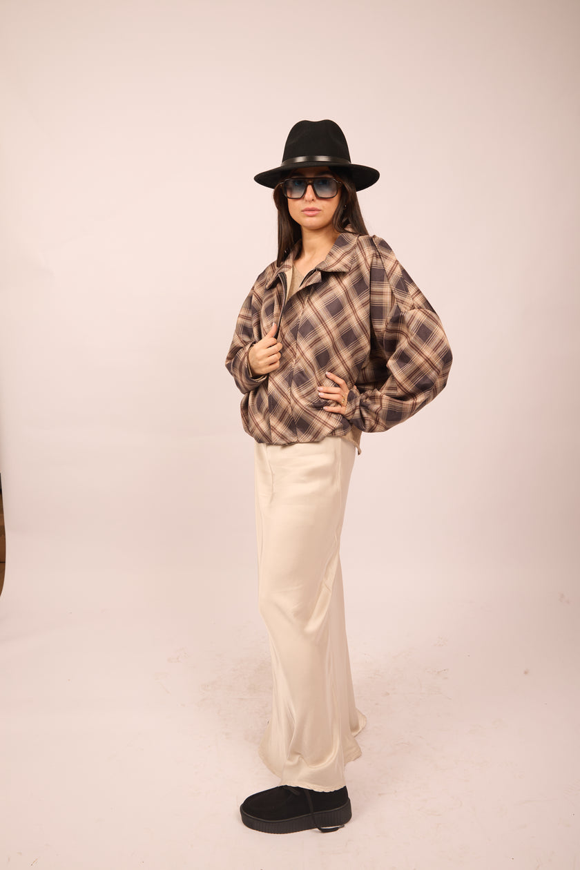 Miranda Oversized Plaid Jacket – Chocolate & Beige Tones