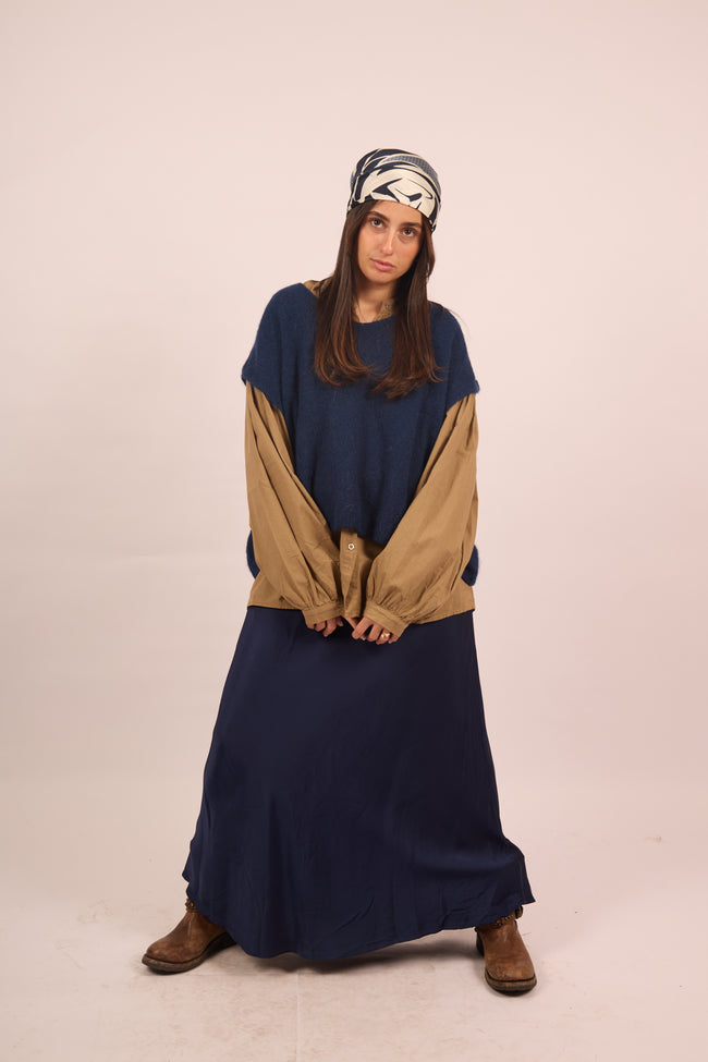 Maude Navy Satin Maxi Skirt