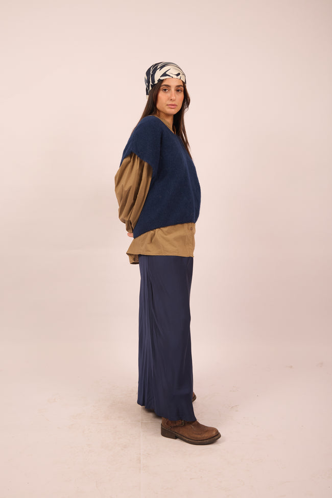 Maude Navy Satin Maxi Skirt