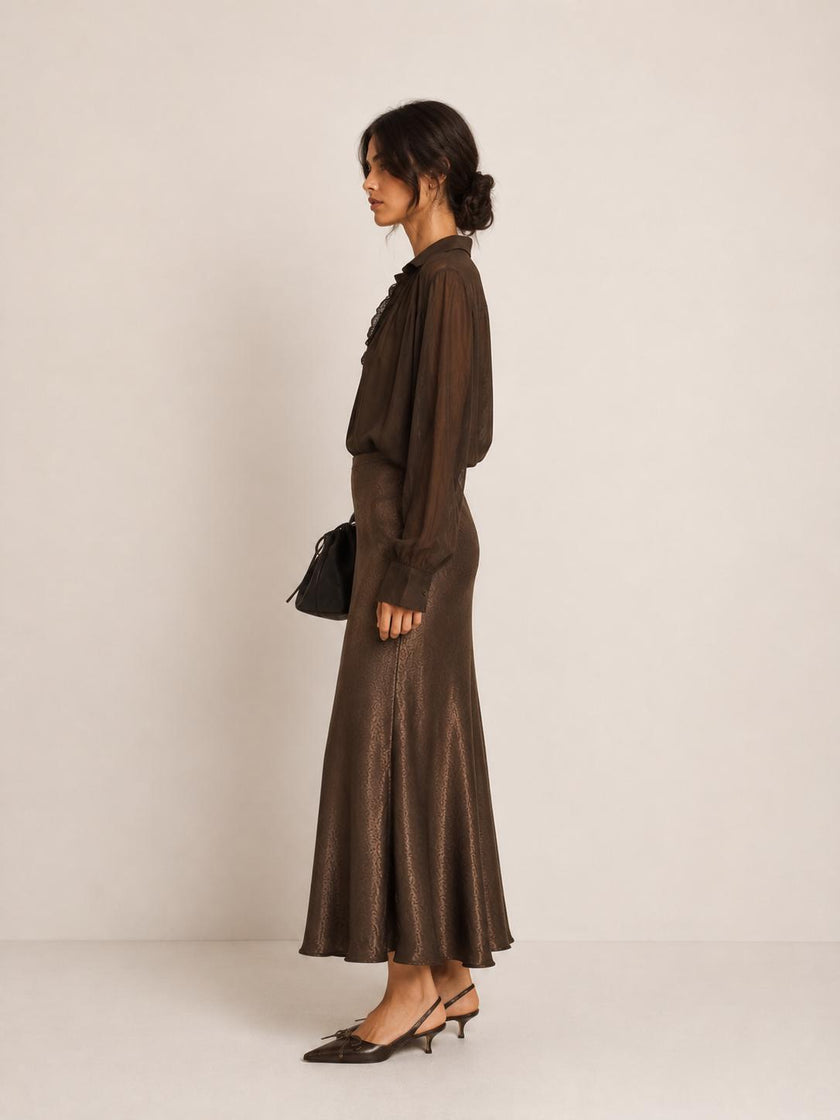 Gina Chocolate Chiffon Ruffle-Trim Blouse
