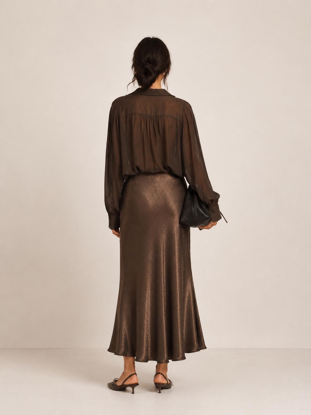 Gina Chocolate Chiffon Ruffle-Trim Blouse
