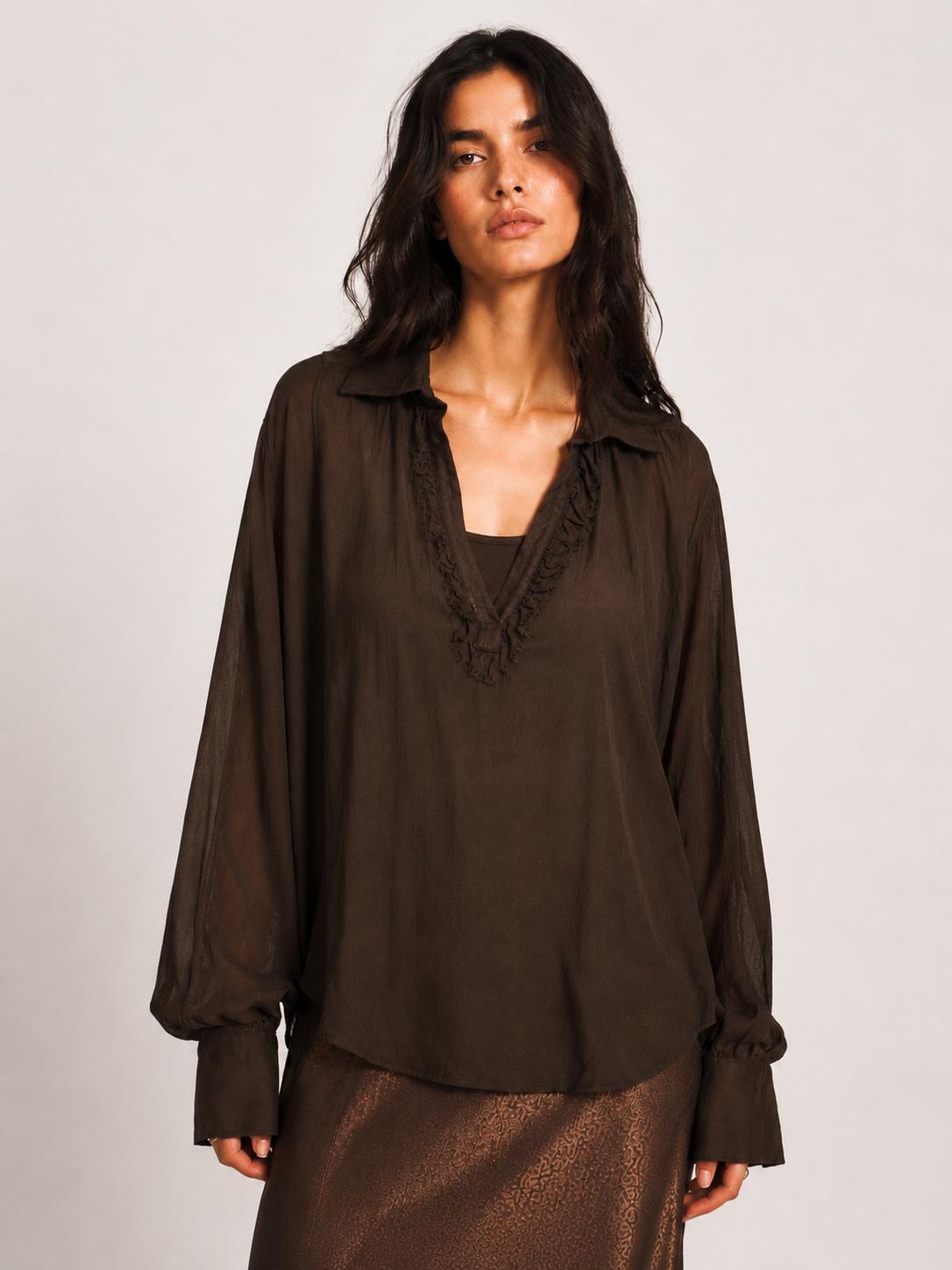 Gina Chocolate Chiffon Ruffle-Trim Blouse