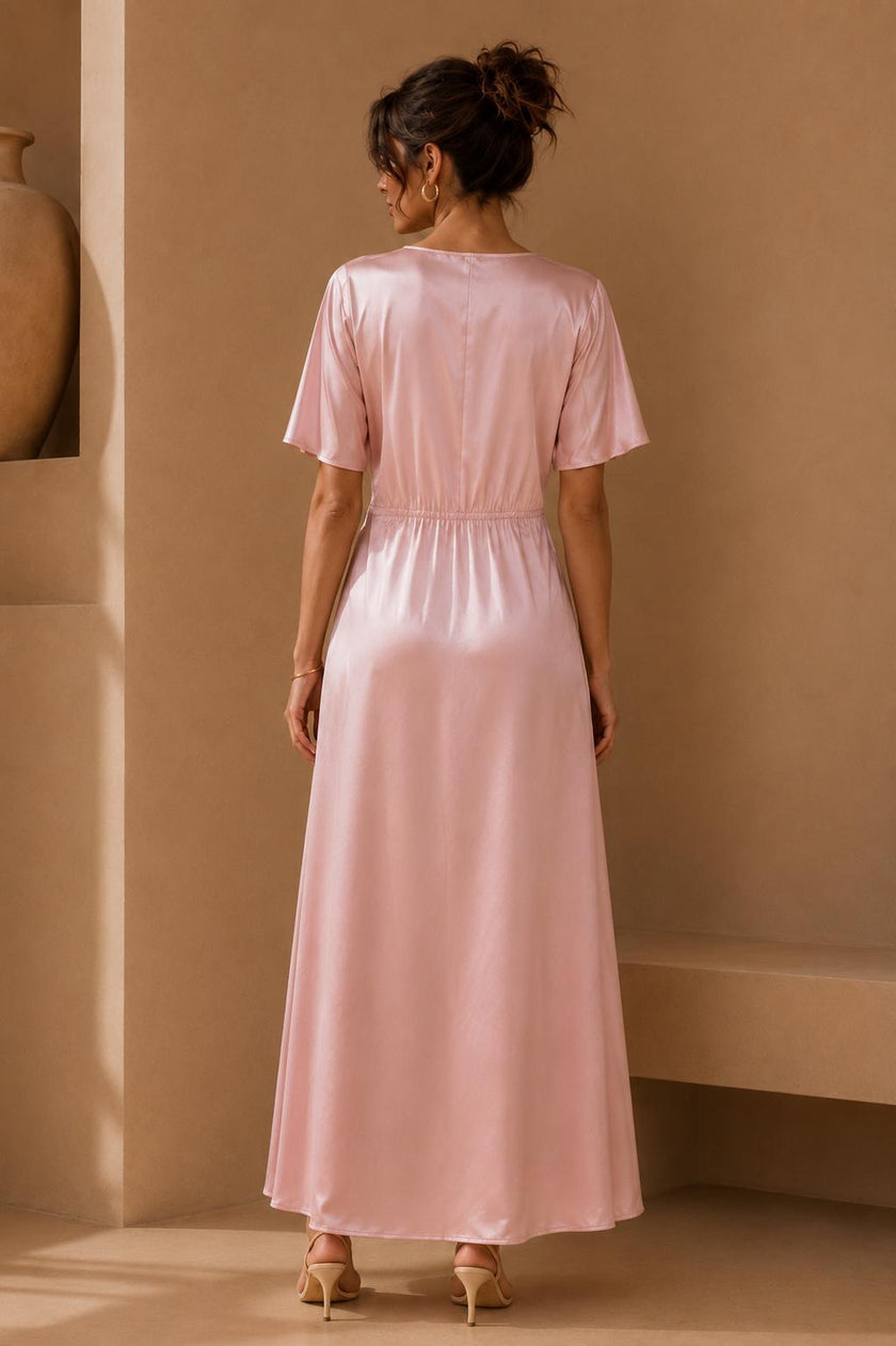 Havy Pink Satin Maxi Dress