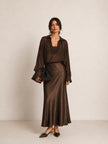 Gina Chocolate Chiffon Ruffle-Trim Blouse